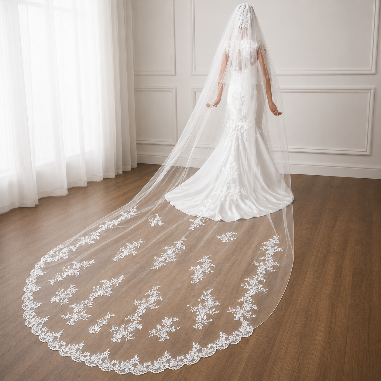 Back view of Long Bridal Veil showing full length and drape — GownLink GLVL