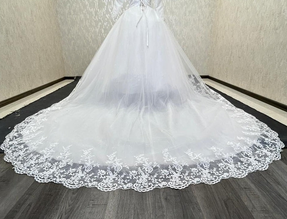 Lace work white embordered dress for wedding