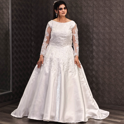Detail of neckline and bodice on White Bridal Gown Satin with Train — GownLink GLHMST7