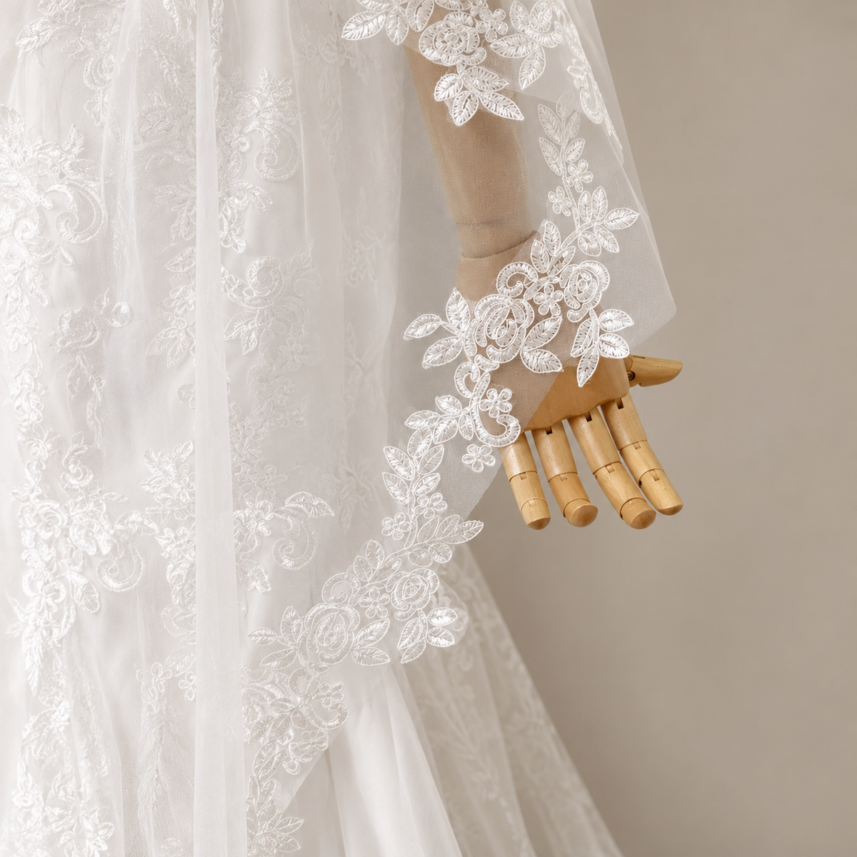 Front view of Cathedral Bridal Veil with Lace draped over model — GownLink CATHEDRAL