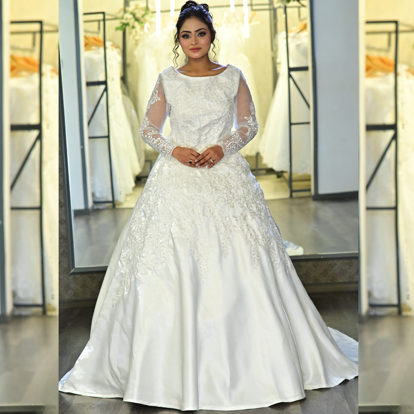 Side profile view of White Bridal Gown Satin with Train showing silhouette — GownLink GLHMST7
