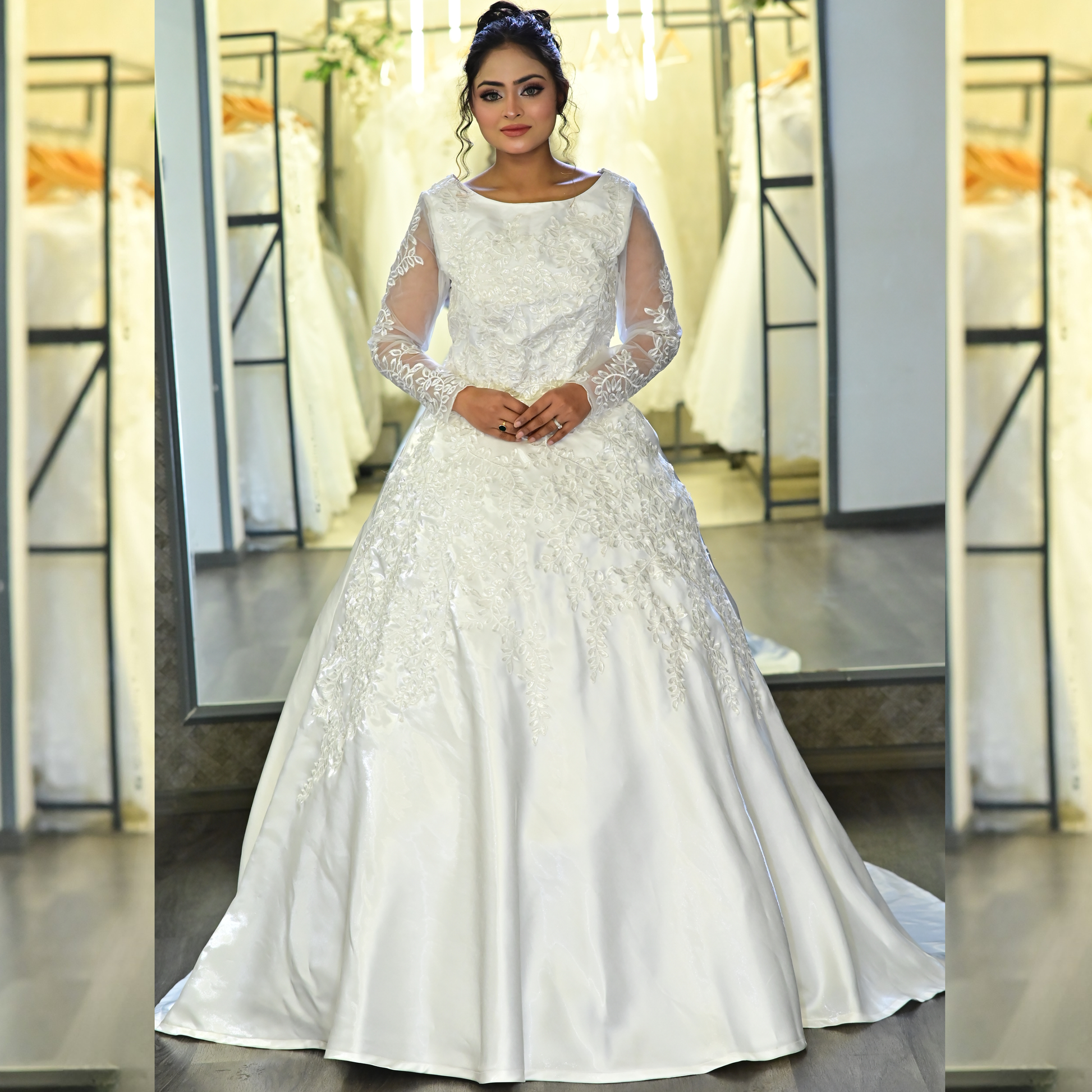Side profile view of White Bridal Gown Satin with Train showing silhouette — GownLink GLHMST7