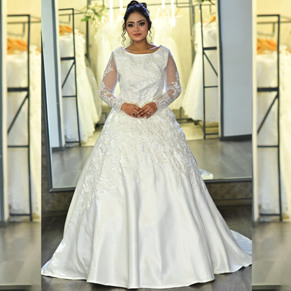 Side profile view of White Bridal Gown Satin with Train showing silhouette — GownLink GLHMST7