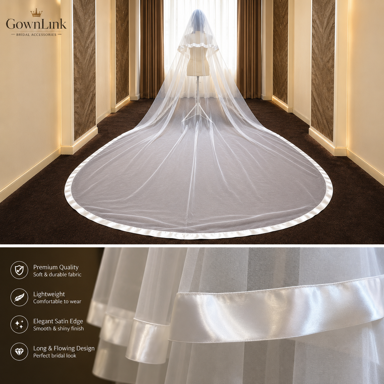 Close-up of lace edge detail on Long Bridal Veil — GownLink GLVL