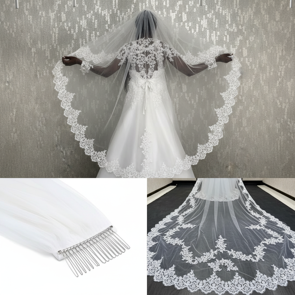 Close-up of lace edge detail on Cathedral Bridal Veil — GownLink CATHEDRAL