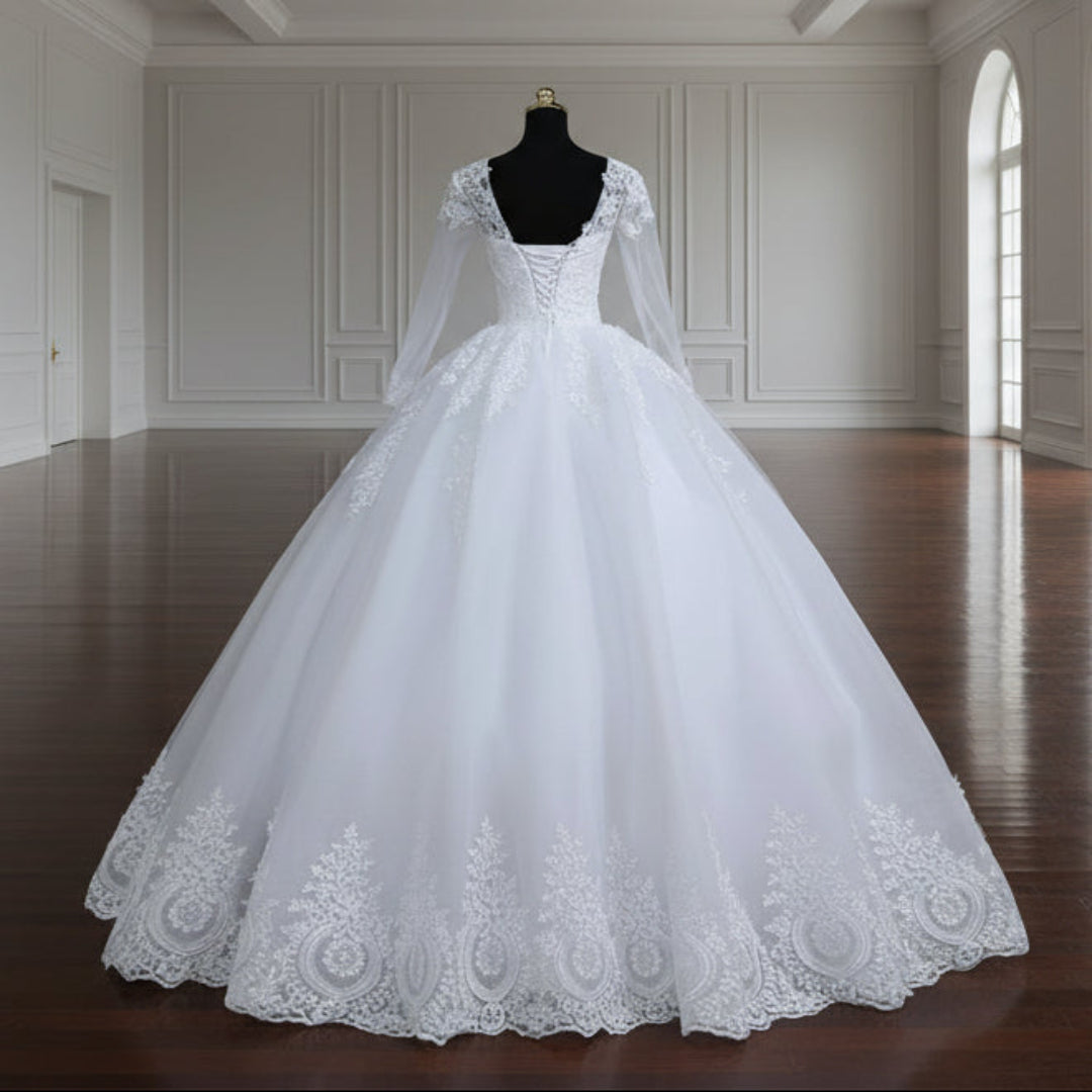 White church wedding dress with lace details in Chhatarpur