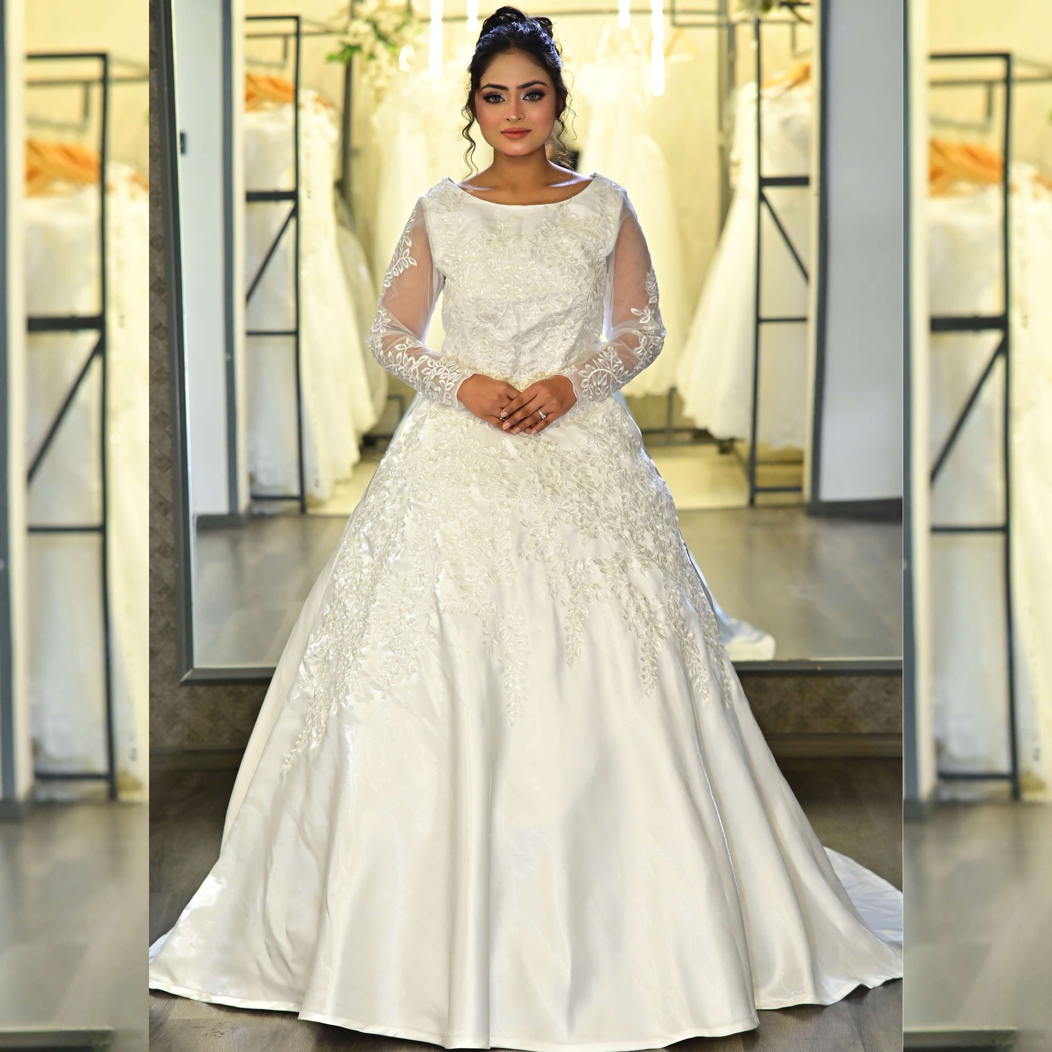 Back view of White Bridal Gown Satin with Train showing train and closure detail — GownLink GLHMST7