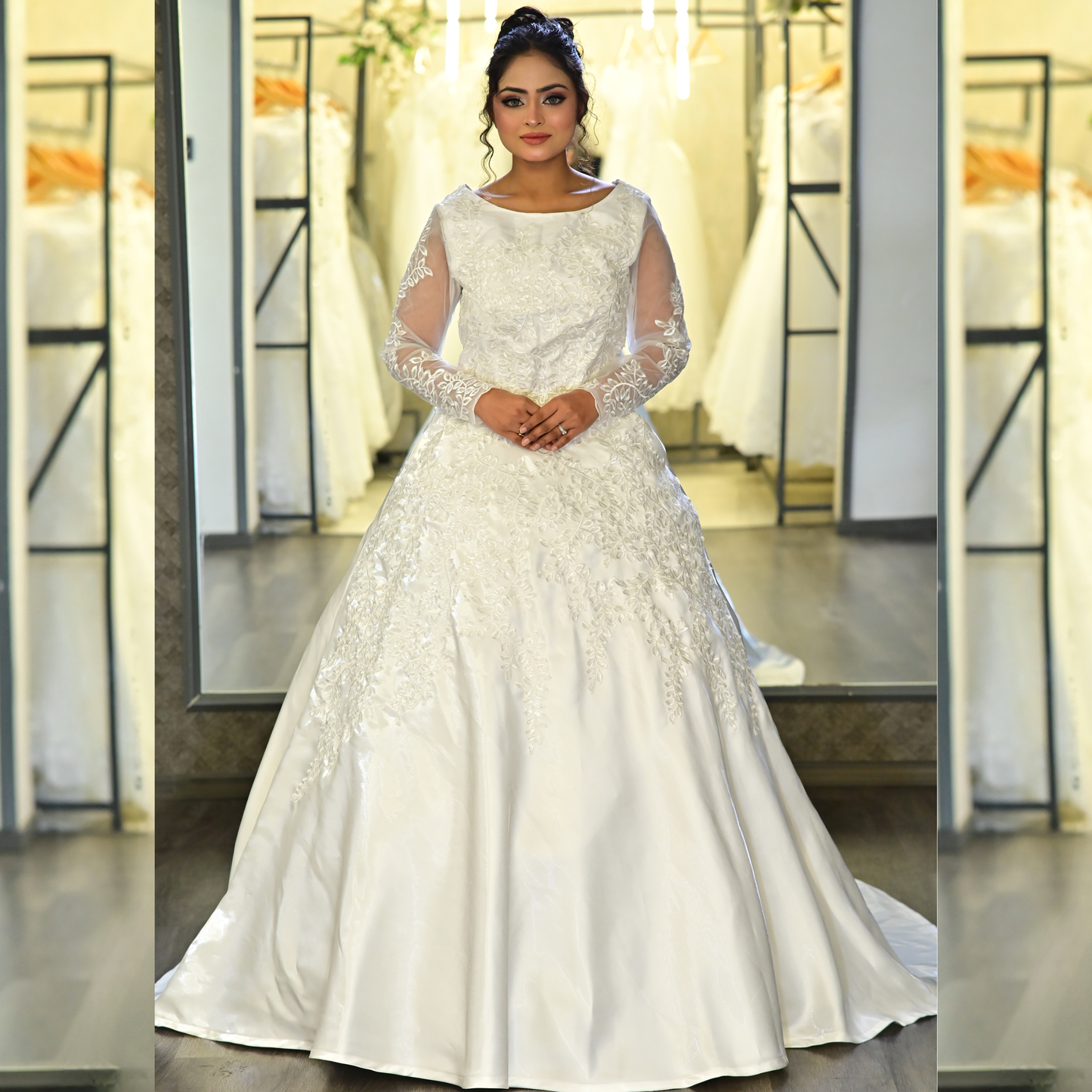 Back view of White Bridal Gown Satin with Train showing train and closure detail — GownLink GLHMST7