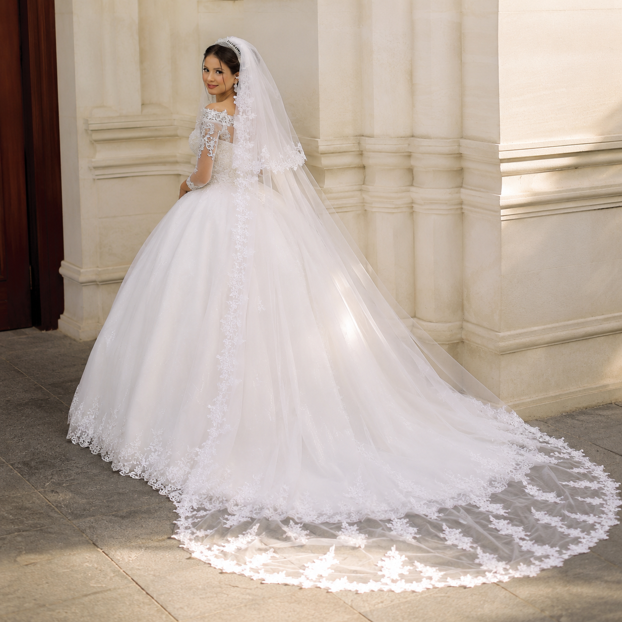 Front view of Cathedral Bridal Veil with Lace draped over model — GownLink CATHEDRAL