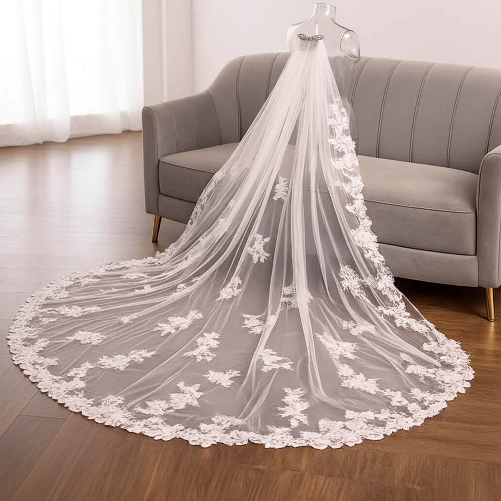 Side view of Cathedral Bridal Veil with Lace with comb attachment visible — GownLink CATHEDRAL