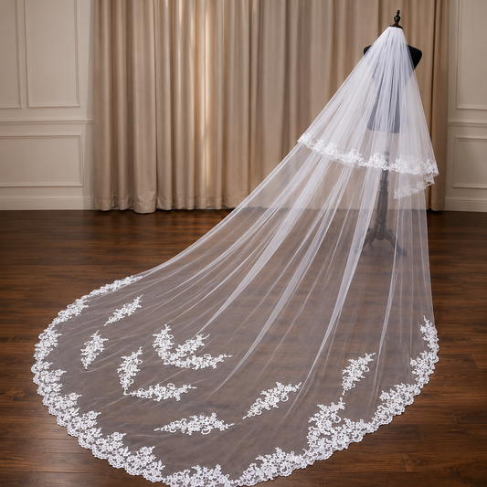Front view of Cathedral Bridal Veil draped over model — GownLink GLVP21
