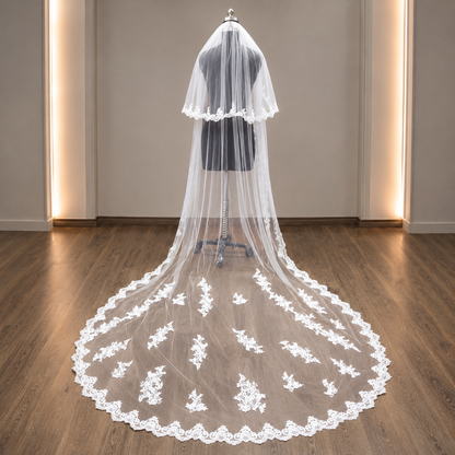 Front view of Long Bridal Veil draped over model — GownLink GLHL53