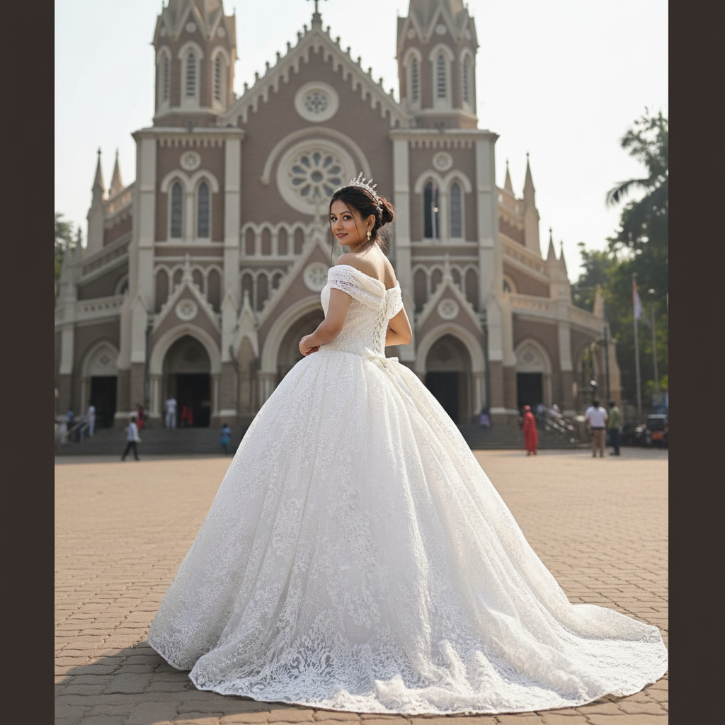 GownLink White Christian Catholic Church Wedding Sparkle Off Shoulder Bridal Train Gown GLGT1088T