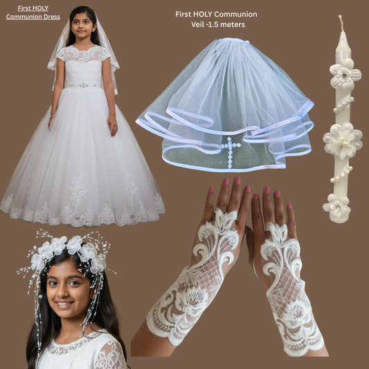 GownLink's Combo Set of 5 Items for First Holy Communion White dress Set Rose Merry