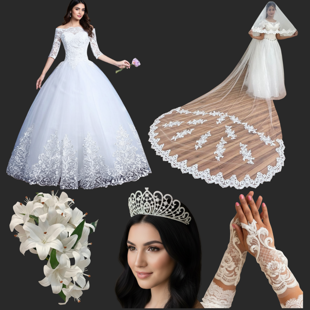 Full set of 5-Piece Bridal Combo Set laid out flat — GownLink GRACEFUL