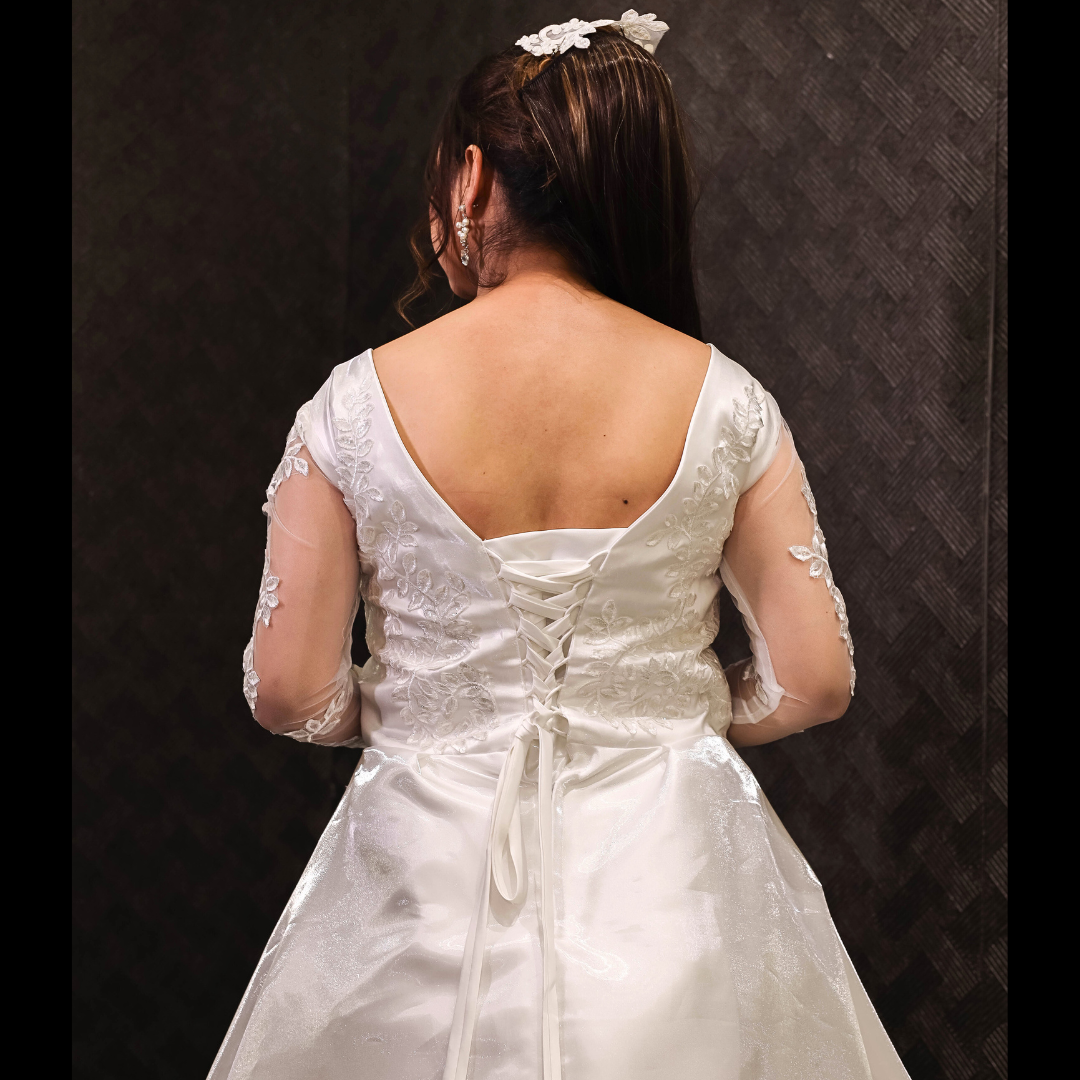 Back closure and button detail on White Bridal Gown Satin with Train — GownLink GLHMST7
