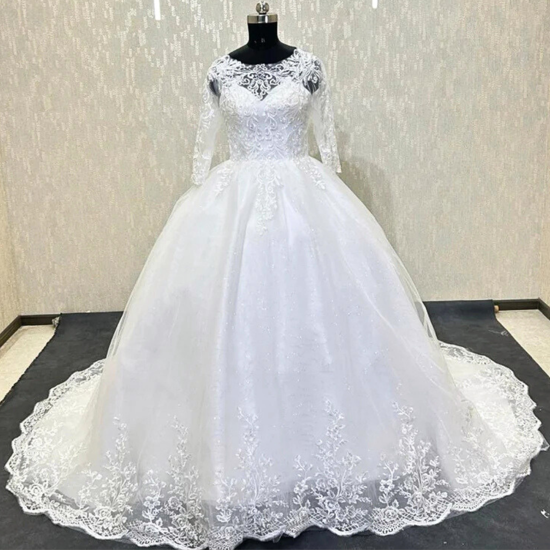 GownLink White Christian Wedding  Train Gown with Long Sleeves GLGF051T