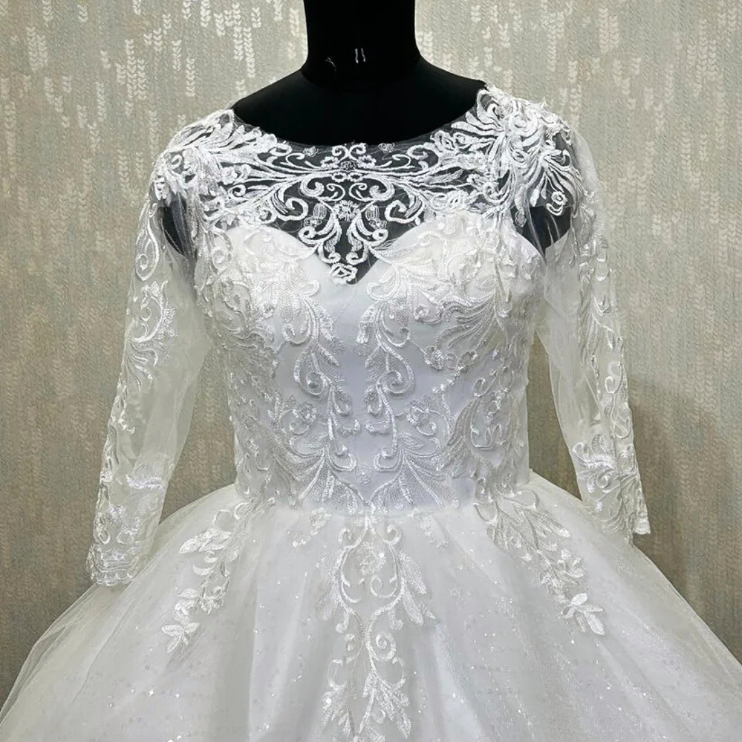 GownLink White Christian Wedding  Train Gown with Long Sleeves GLGF051T