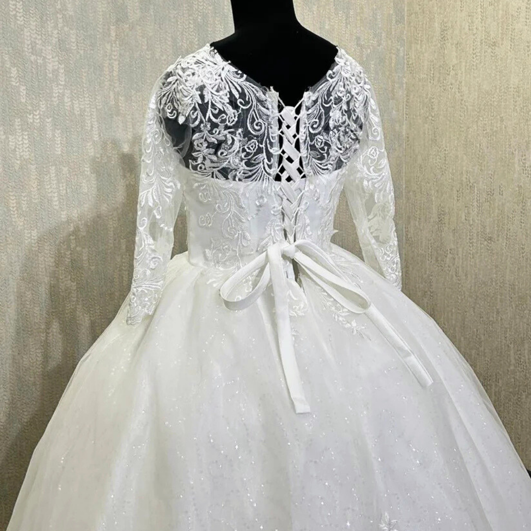 GownLink White Christian Wedding  Train Gown with Long Sleeves GLGF051T