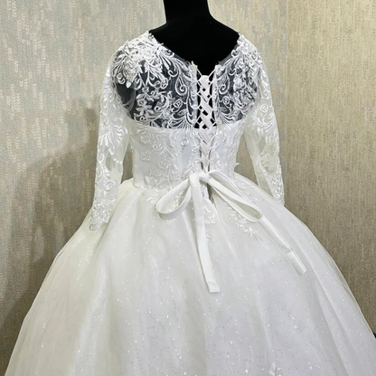 GownLink Elegant White Church Wedding Gown for Christian Brides with Long Sleeves & Train GLGF051T
