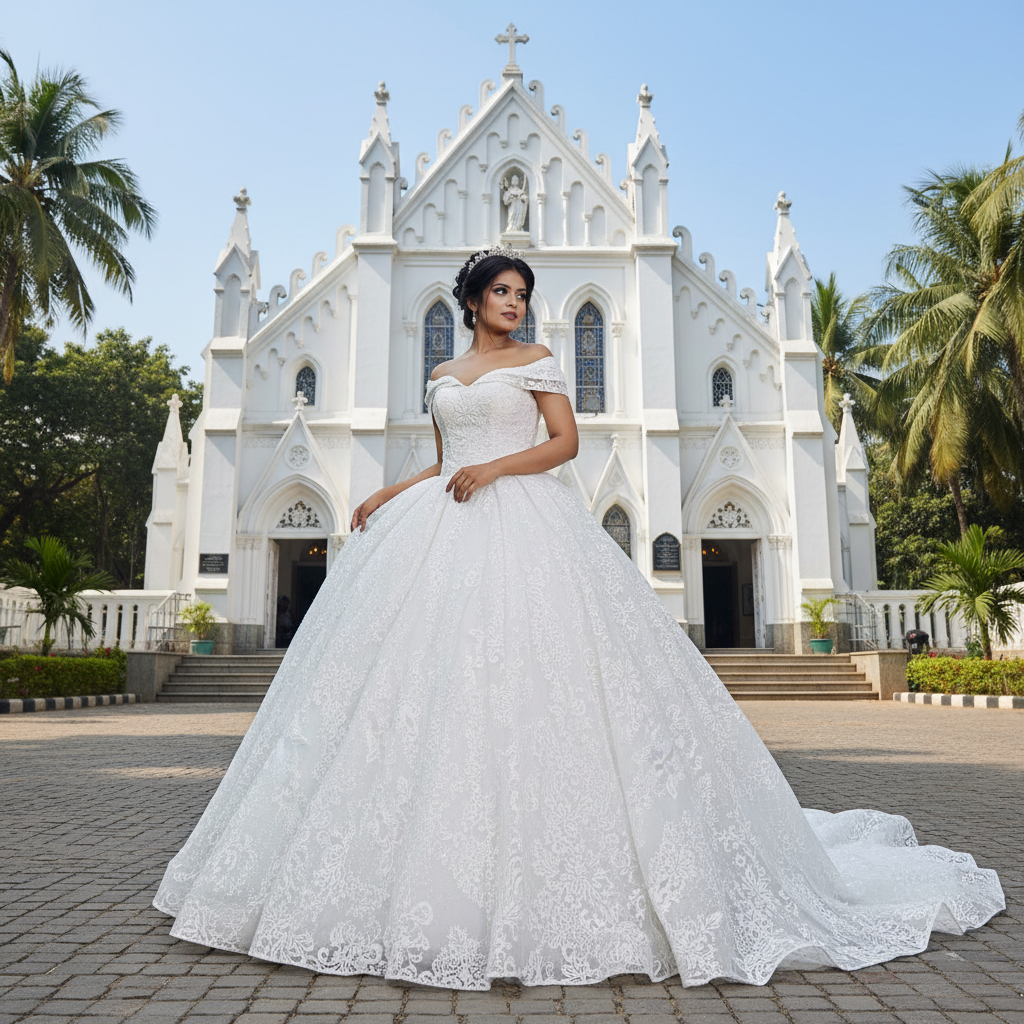 GownLink White Christian Catholic Church Wedding Sparkle Off Shoulder Bridal Train Gown GLGT1088T