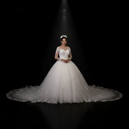 GownLink Dreamy White Church Wedding Gown with Beaded Lace Train Elegant Christian & Catholic Bridal Dress for Brides-GLGT009T