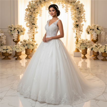 GownLink Luxury White Sequin Lace Princess Train Gown, Elegant Christian & Catholic Bridal Dress for Church Wedding Brides-GLHSD189CTS
