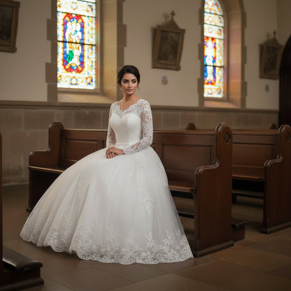 GownLink Elegant White Wedding Ball Gown for Christian & Catholic Brides Luxury Princess Bridal Dress for Church Wedding – GLHS14B