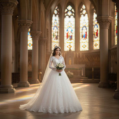 GownLink Elegant White Wedding Ball Gown for Christian & Catholic Brides Luxury Princess Bridal Dress for Church Wedding – GLHS14B