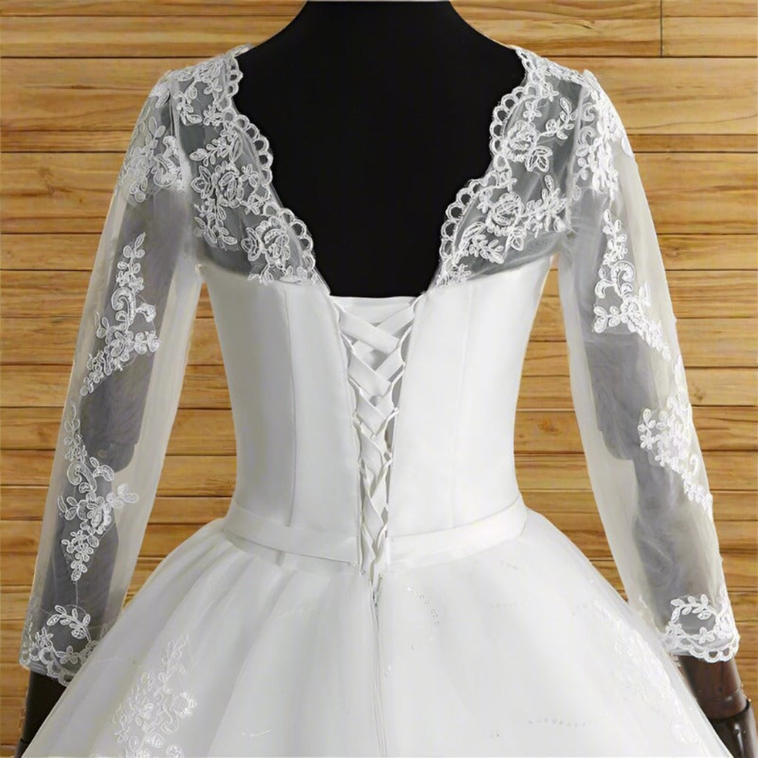 GownLink Classic White Wedding Train Gown, Elegant Long Trail Bridal Gown for Christian & Catholic Brides- GLHSD14T