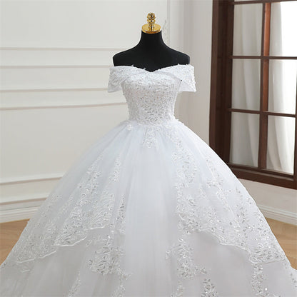GownLink Designer Off-Shoulder White Wedding Train Gown Christian & Catholic Bridal Wedding Dress for Women-GLGB179T