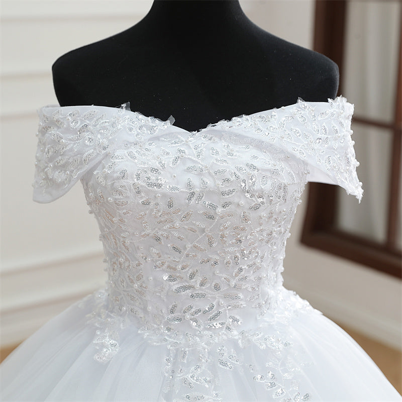 GownLink Off Shoulder White Wedding Train Gowns for the High-End Christian Bride GLGB501T