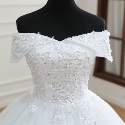 GownLink Designer Off-Shoulder White Wedding Train Gown Christian & Catholic Bridal Wedding Dress for Women-GLGB179T