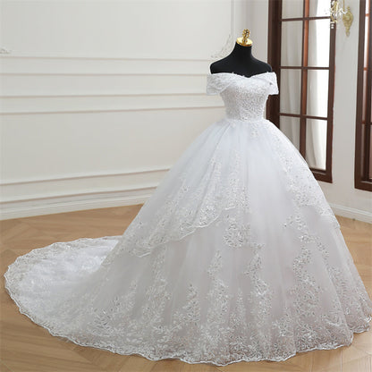 GownLink Designer Off-Shoulder White Wedding Train Gown Christian & Catholic Bridal Wedding Dress for Women-GLGB179T