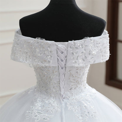GownLink Designer Off-Shoulder White Wedding Train Gown Christian & Catholic Bridal Wedding Dress for Women-GLGB179T