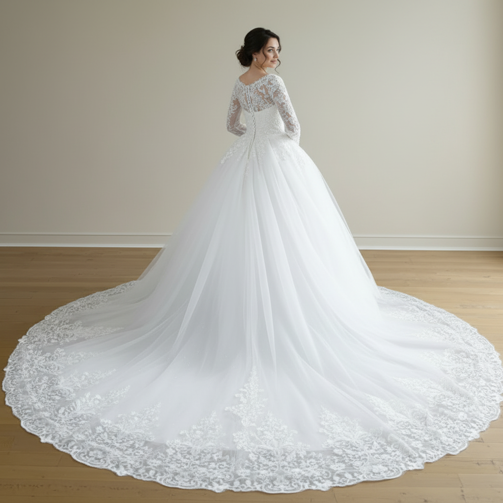 GownLink,s White Christian & Catholic Wedding Bridal Train Gown with Lace Appliques GL36CT
