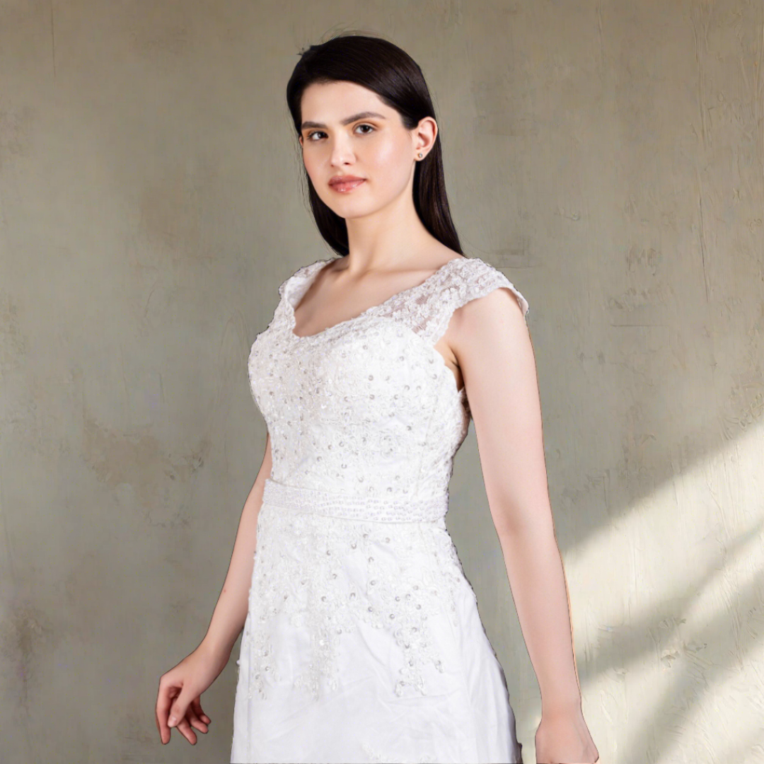 "Embrace Comfort and Style with our White Catholic A-Line Dress."