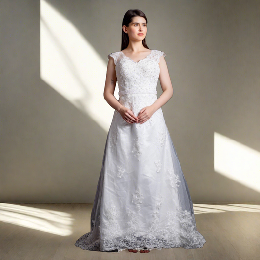 "Graceful Movement: Discover our White A-Line Dress For catholic bride.