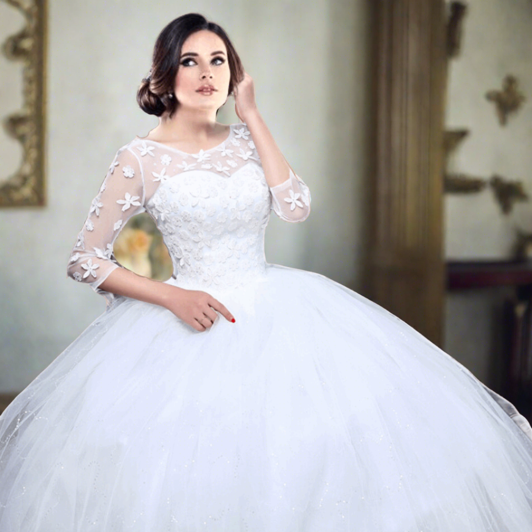 Striking white ball gown featuring a flowing silhouette and elegant design