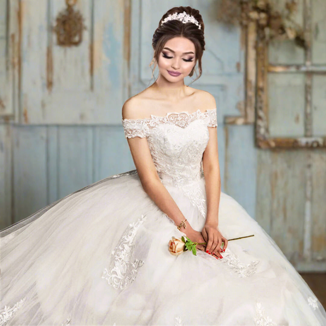Ball gown with an extended train for a grand entrance.