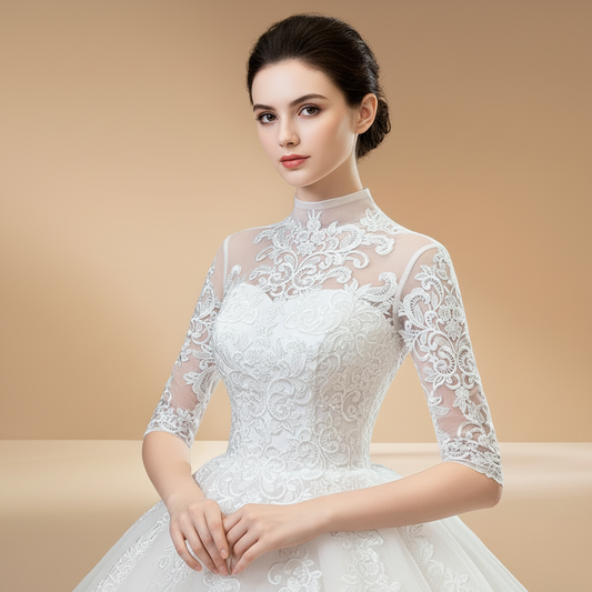 Elegant High neck Catholic Wedding Dress with Cathedral Veil and Train