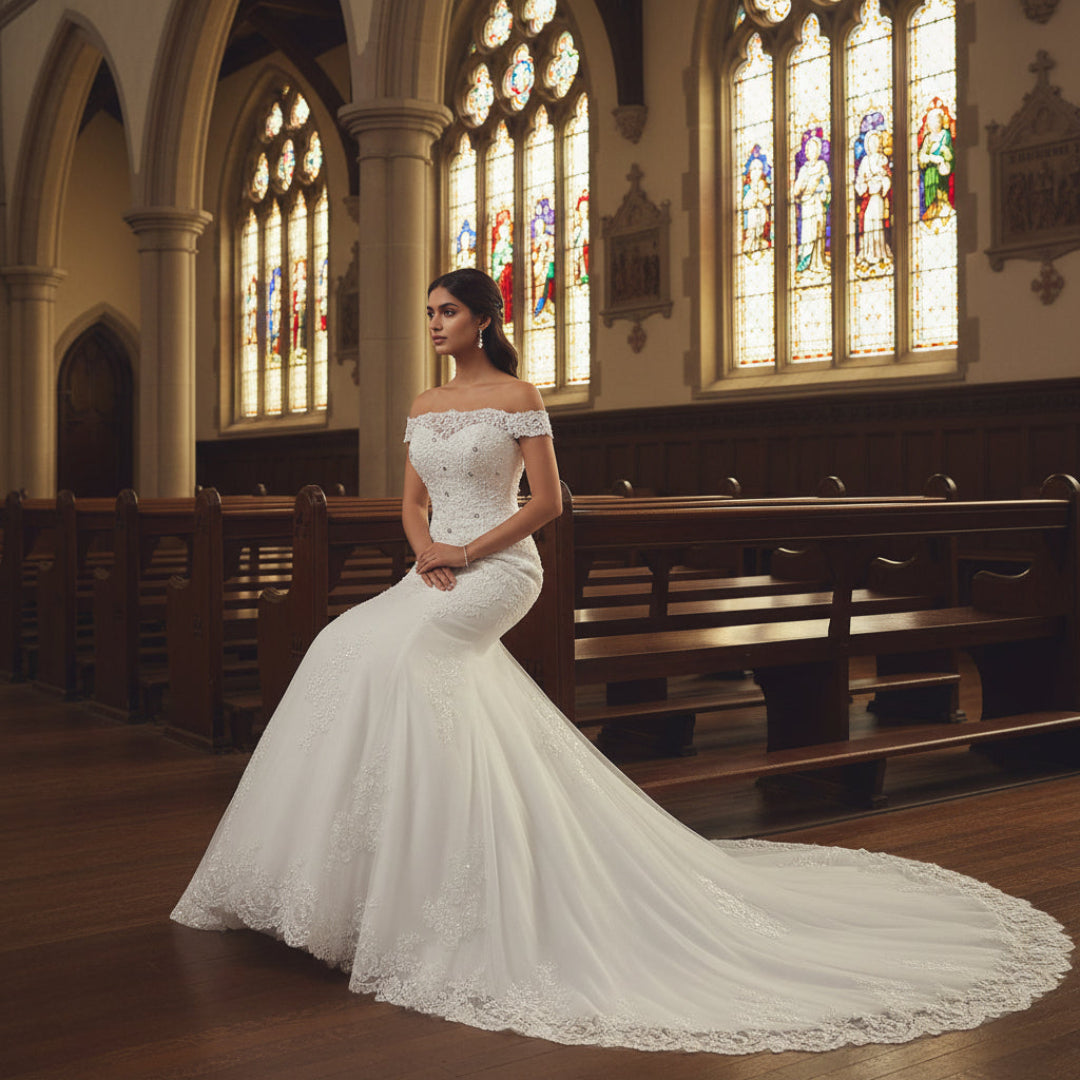 GownLink Elegant White Mermaid Wedding Dress with Royal Train for Christian Bride GLGT027