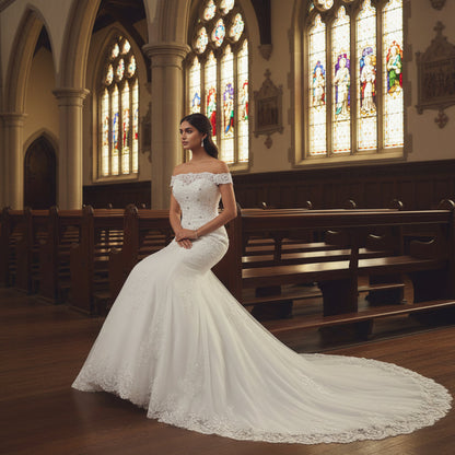 GownLink Elegant White Mermaid Wedding Dress with Royal Train for Christian Bride GLGT027