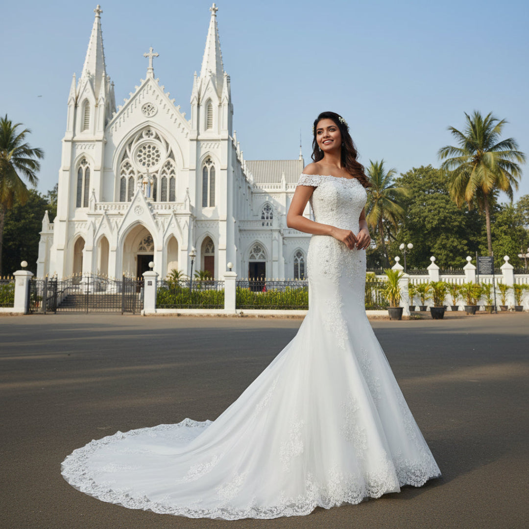 GownLink Elegant White Mermaid Wedding Dress with Royal Train for Christian Bride GLGT027