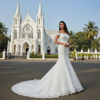 GownLink Elegant White Mermaid Wedding Dress with Royal Train for Christian Bride GLGT027
