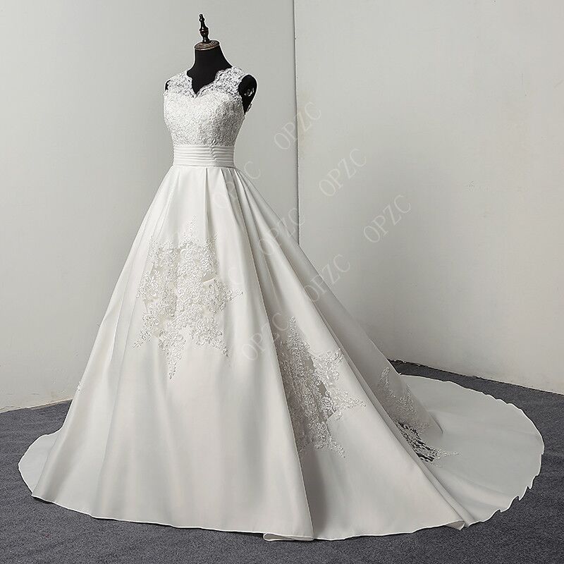 GownLink Luxury White Satin Bridal Train Gown for Christian & Catholic Weddings with Sleeves GLHSD691
