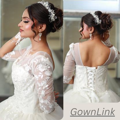 GownLink’s Luxury Bridal Ball Gown for Christian & Catholic Weddings Designer White Princess Wedding Dress with Transparent Full Lace Sleeves & Elegant Royal Flare-GLGF074