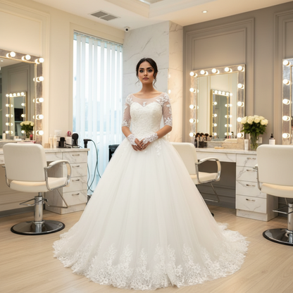 GownLink’s Luxury Bridal Ball Gown for Christian & Catholic Weddings Designer White Princess Wedding Dress with Transparent Full Lace Sleeves & Elegant Royal Flare-GLGF074