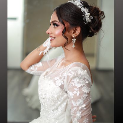 GownLink’s Luxury Bridal Ball Gown for Christian & Catholic Weddings Designer White Princess Wedding Dress with Transparent Full Lace Sleeves & Elegant Royal Flare-GLGF074