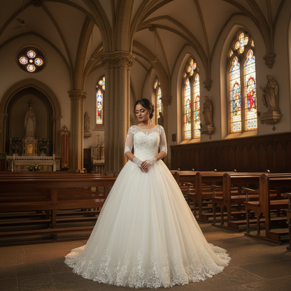 GownLink’s Luxury Bridal Ball Gown for Christian & Catholic Weddings Designer White Princess Wedding Dress with Transparent Full Lace Sleeves & Elegant Royal Flare-GLGF074